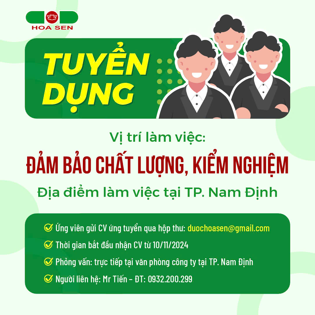 Tuyển dụng nhân viên Quản lý chất lượng, kiểm nghiệm